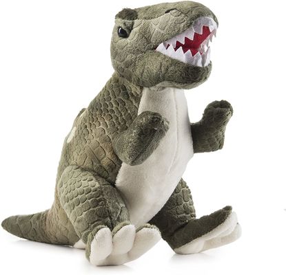 Grünes Tyrannosaurusplüschspielzeug mit den langen spitzen Zähnen ein Dinosaurierplüschspielzeug hergestellt von prägeartigem scherendem Plüsch