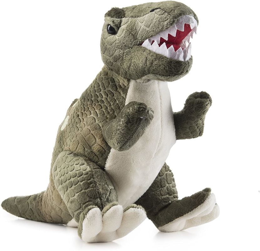 Grünes Tyrannosaurusplüschspielzeug mit den langen spitzen Zähnen ein Dinosaurierplüschspielzeug hergestellt von prägeartigem scherendem Plüsch